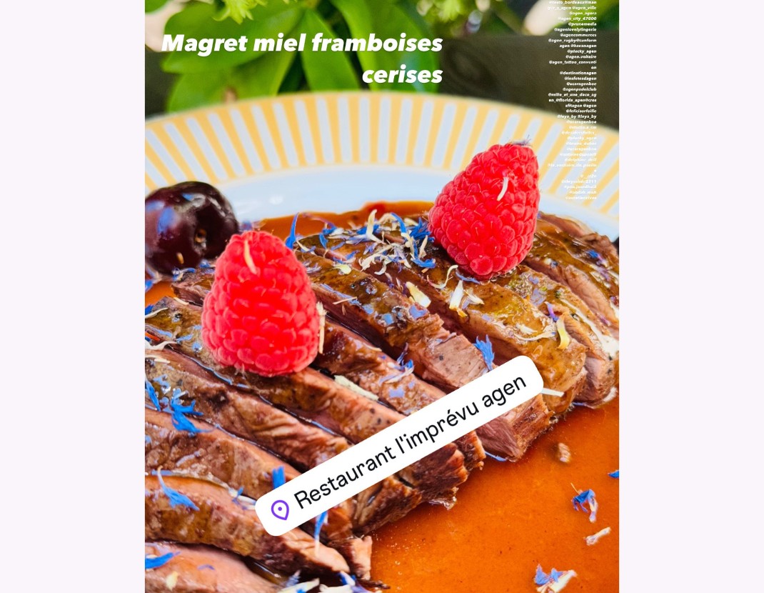 <h6 class='prettyPhoto-title'>Magret de canard, framboises cerises, miel. (env.370g)</h6>