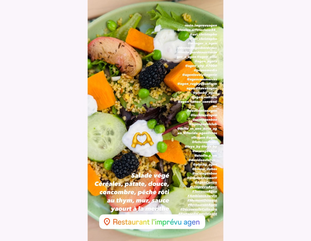 <h6 class='prettyPhoto-title'>Salade végé,céréales,patate douce,concombre,pêche rôti au thym, mur.</h6>