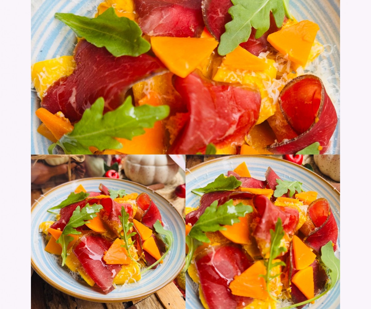 <h6 class='prettyPhoto-title'>Mezzi crème de butternuts, grison sèché, copeaux de parmesan</h6>