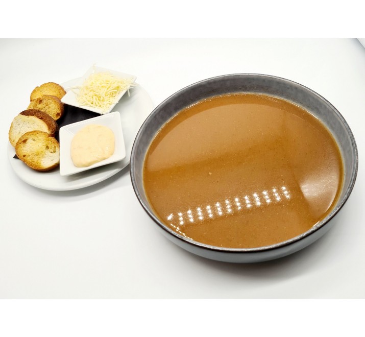 <h3 class='prettyPhoto-title'>Provencal Fish Soup, Croutons, Emmental and Rouille</h3><br/>Fish soup, served with croutons rubbed with garlic, grated emmental cheese and a rouille sauce composed of mayonnaise, spigol, Harissa